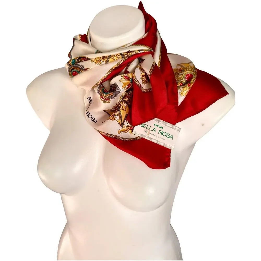 Vintage Bella Rosa Silk Scarf NWT Heraldic Medallion Crest Print 1980s Red 31x31